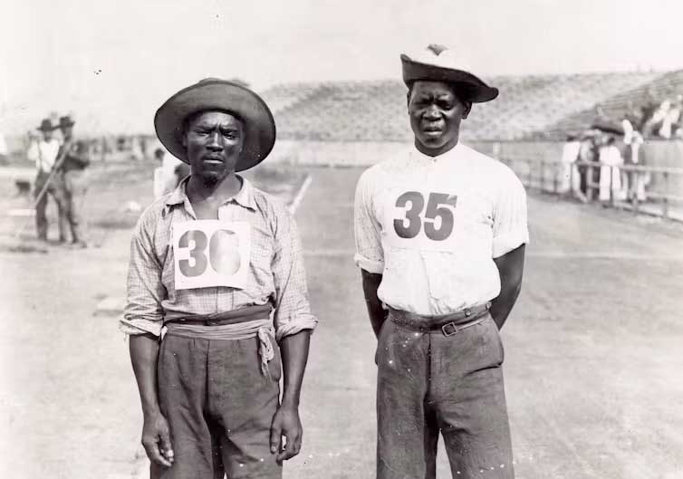 1904 Olympic marathon participants Len Tau (left) and Jan Mashiani of South Africa. Missouri History Museum