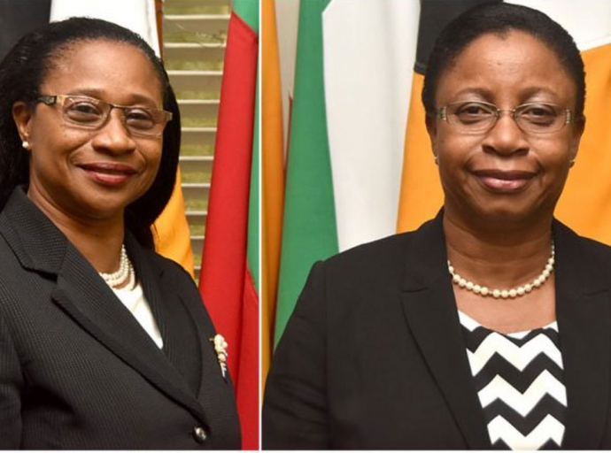 Acting Chancellor of the Judiciary Justice Yonette Cummings-Edwards (left) and Acting Chief Justice Roxanne George-Wiltshire 
