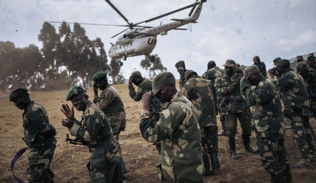 Congolese army soldiers protect their faces from projectiles as a United Nations Organization Stabilization Mission in the Democratic Republic of the Congo (MONUSCO) helicopter lands in Bijombo, South Kivu Province, eastern DRC, on October 10, 2020 [File: Alexis Huguet/AFP]