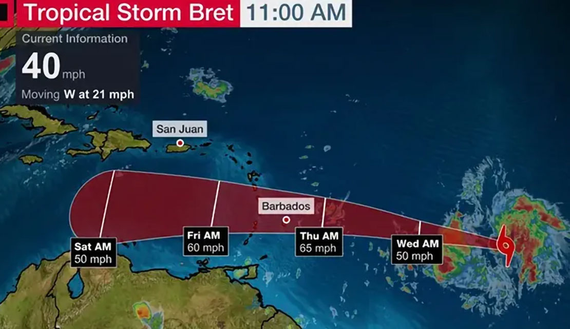 Tropical Storm Bret continues west; watch issued for Barbados