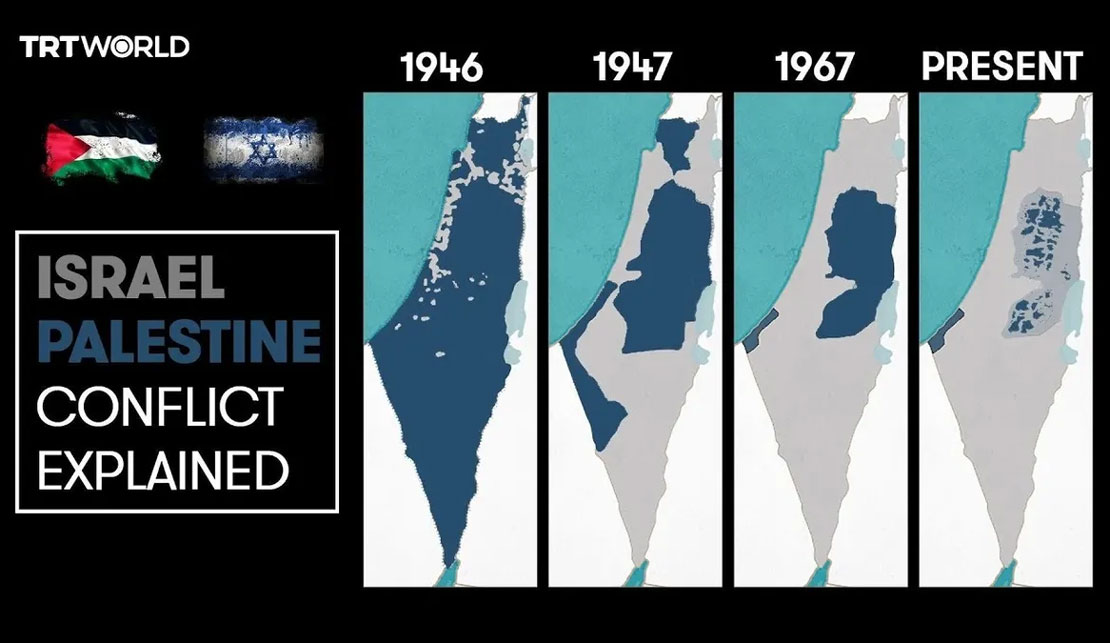 Map of Palestine showing the growth of Israeli conquered territory from 1946 to present.