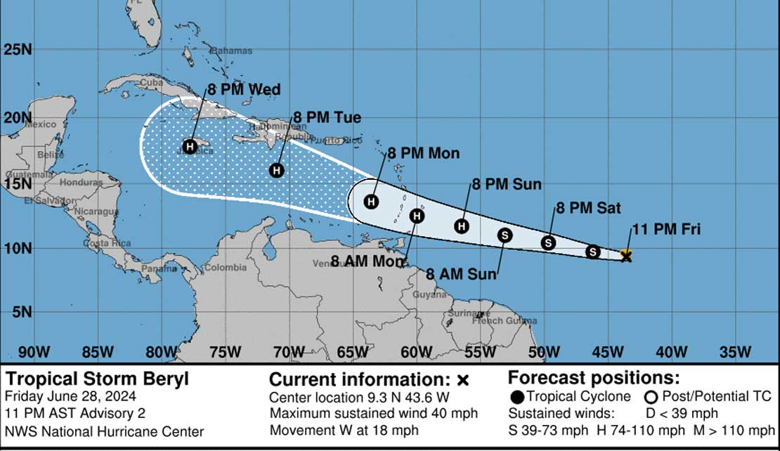 WEATHER | Tropical Storm Beryl forms in Atlantic, threatens Caribbean, could become hurricane by Sunday