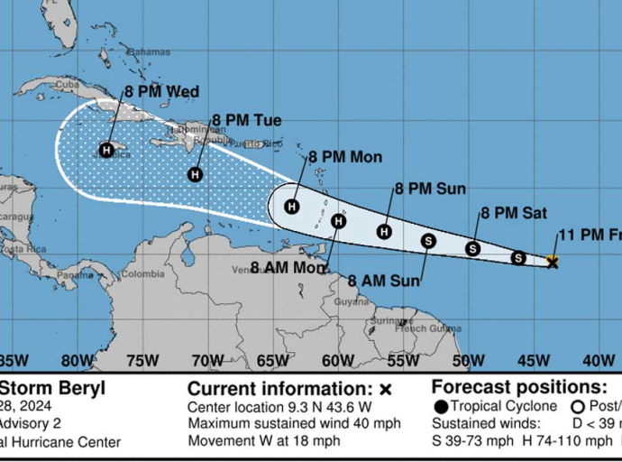 WEATHER | Tropical Storm Beryl forms in Atlantic, threatens Caribbean, could become hurricane by Sunday