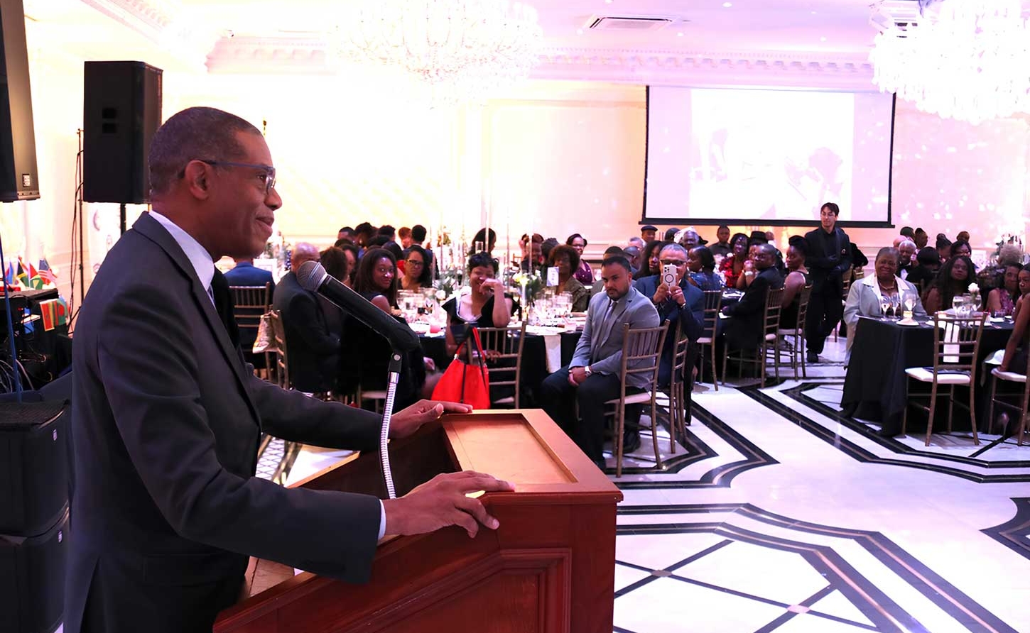 Jamaica’s Honorary Consul in Philadelphia, Mr. Christopher Chaplin, delivers remarks at the Caribbean Medical Mission’s (CMM) 21st annual black-tie gala at the Grand Ballroom in Totowa, New Jersey, on Saturday November 2nd  2024. (Derrick Scott photo)