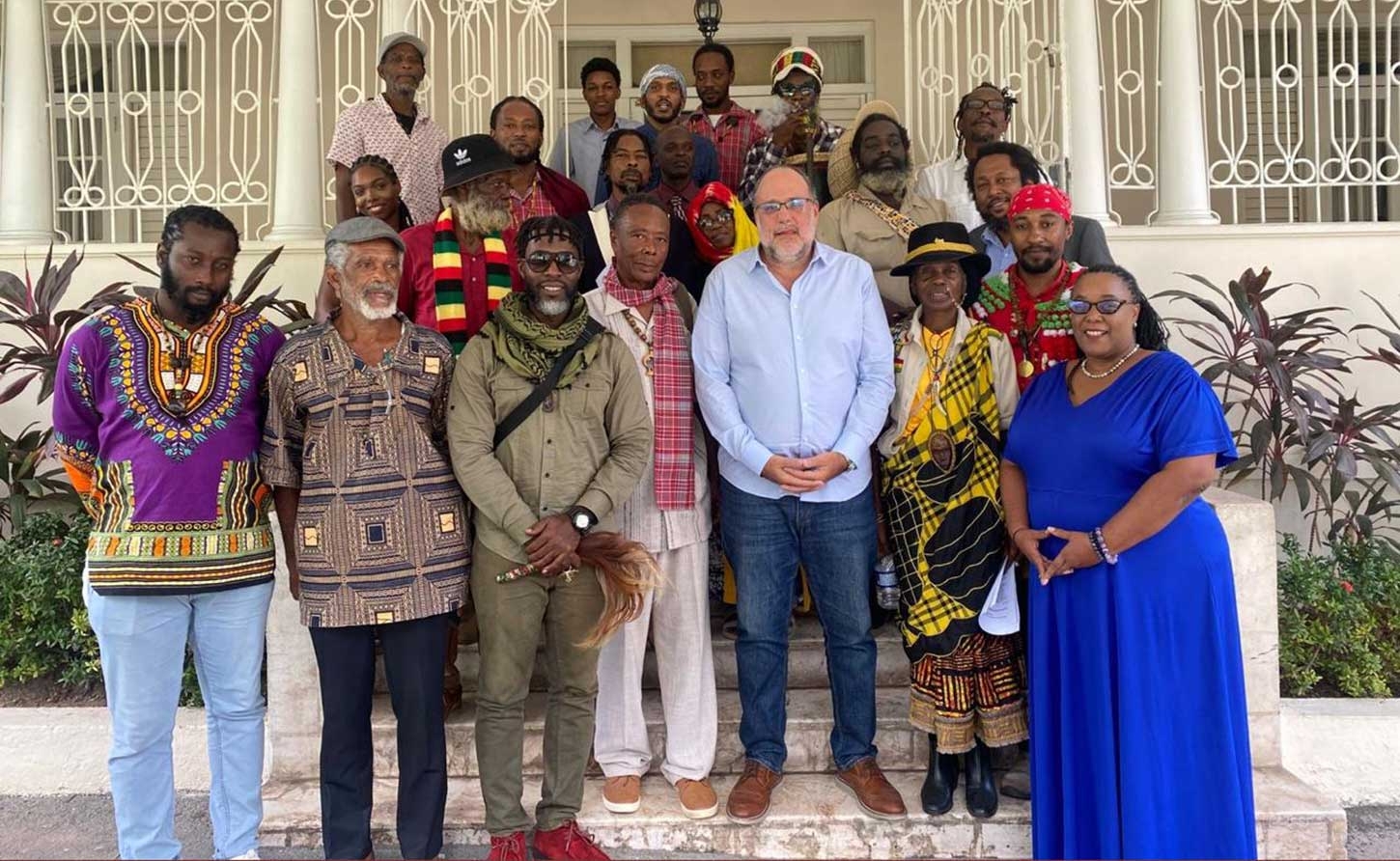 PNP President  Mark Golding and Culture Spokesperson, Dr. Debora Hickling meets with members of the island Maroon and Tiano communities.