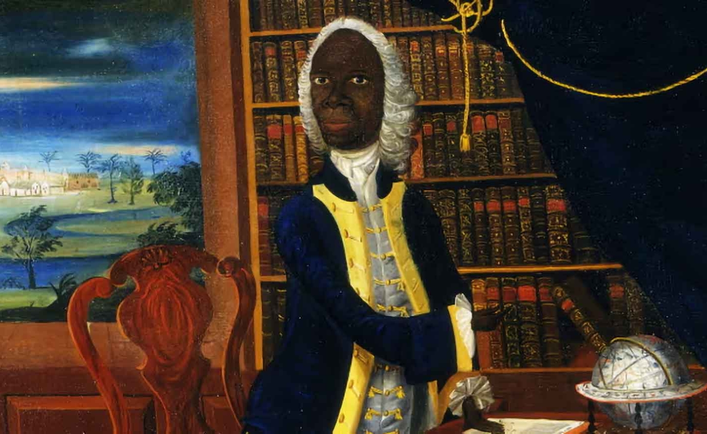 Black Jamaican polymath Francis Williams (c.1690-1762), dressed in a wig, surrounded by books and scientific instruments. 