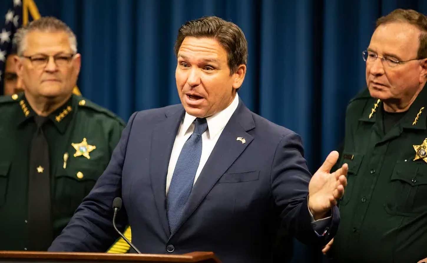 Gov. Ron DeSantis, joined by Brevard Sheriff Wayne Ivey and Polk Sheriff Grady Judd, about immigration issues at the Polk County Sheriff's Office in Winter Haven on Wednesday.