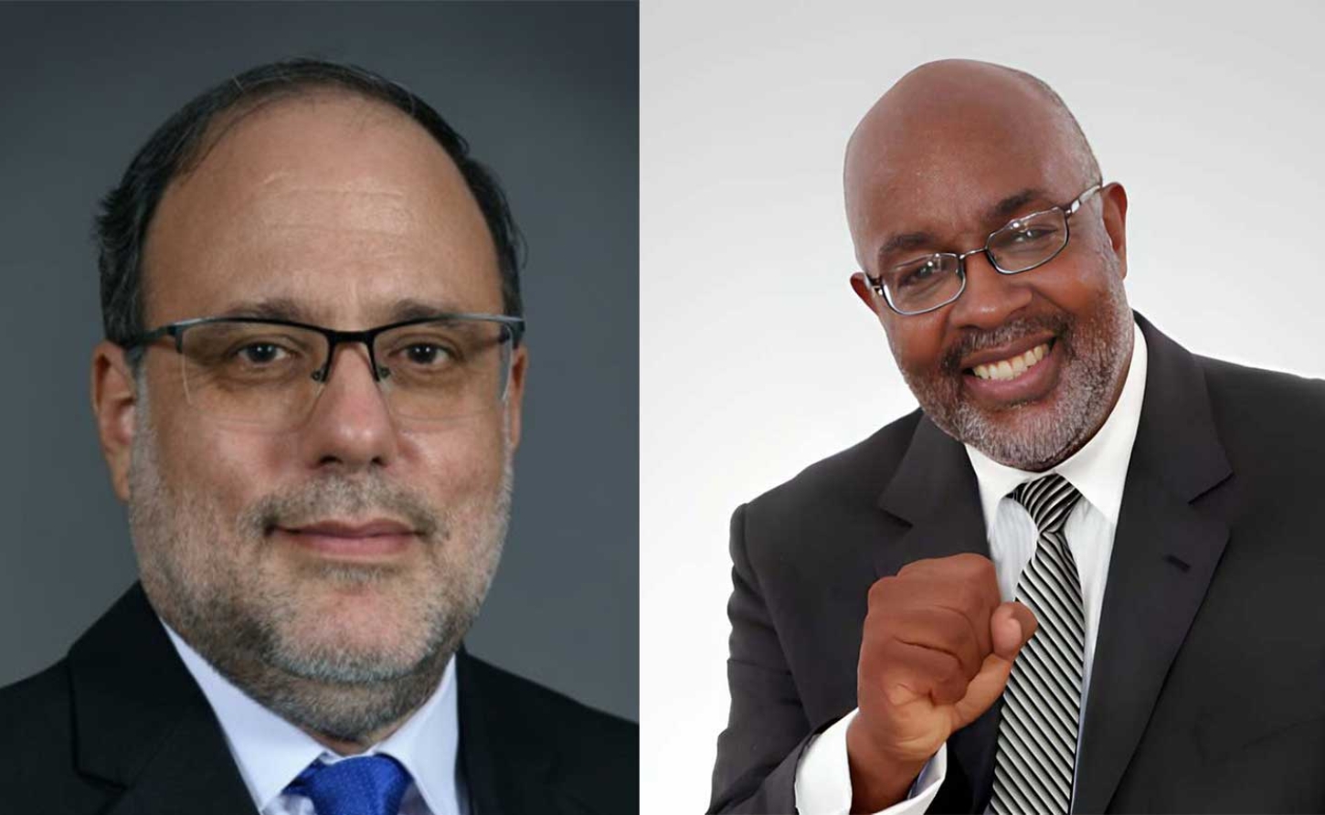 PNP President, Opposition Leader  Mark Golding (left) and Opposition spokesman on matters related to Portmore, Fitz Jackson