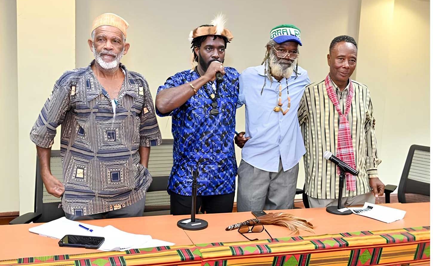 Maroon Chiefs dispelling Myths at The UWI, January 9, 2025. Left to Right. Maroon Colonels (Chiefs)  Sr. Colonel Wallace Sterling (Moore Town); Chief Richard Currie (Accompong);   Colonel Kenute Cameron (Flagstaff) and Colonel Lloyd Lattibeaudiere ( Scotts Hall Maroons). - Photo: Global African Diaspora Kingdom