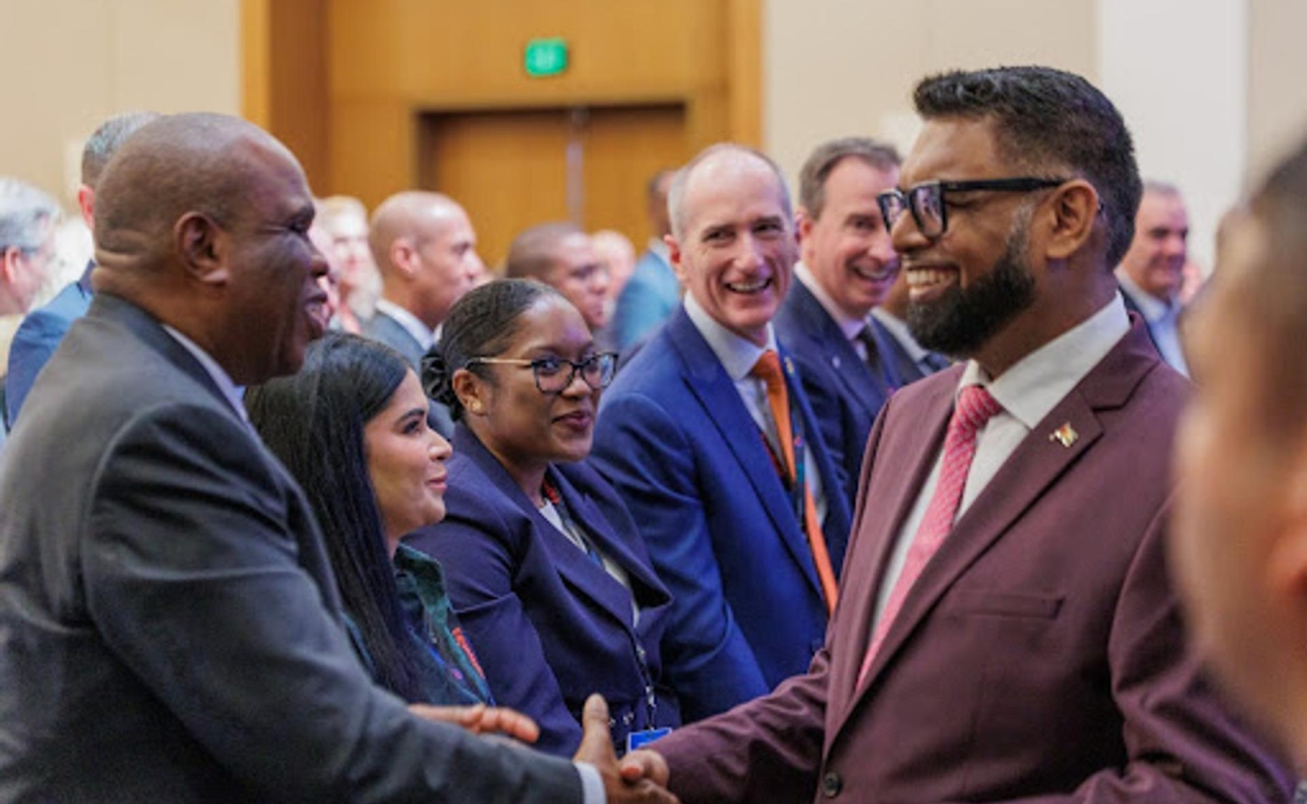 Afreximbank President Dr. Benedict Oramah, greeting Guyan's President Dr. Mohamed Irfaan Ali during a recent meeting in Guyana.