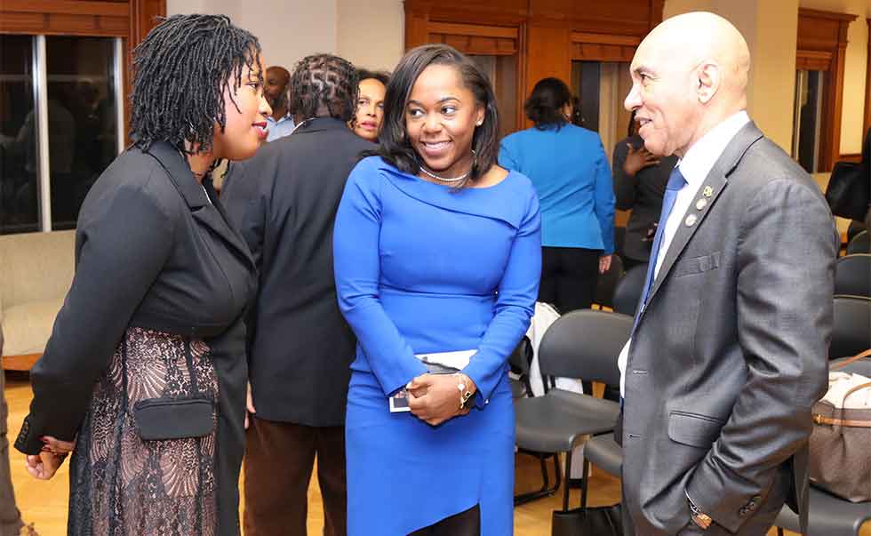 Jamaica’s Ambassador to the United States (US), Major General (Ret’d) Antony Anderson (right), have the rapt attention of two Jamaican lawyers, Ashlande Gelin and Nicole Noelliste, from the Washington based law firm Sidley Austin during the panel discussion on Jamaica’s Role in Regional Security at the Gewirz Student Center at Georgetown University on Thursday, February 5th, 2026. Photo Derrick Scott