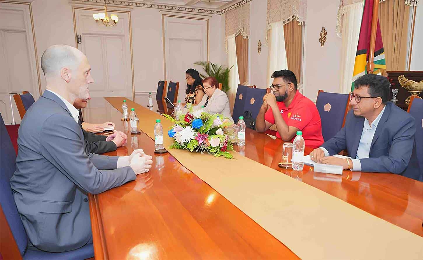 President Irfaan Ali meeting with representatives from the Carter Center in Guyana on a pre-election assessment mission, ahead of the 2025 Regional and General Elections. Seated with the President are Minister of Governance and Parliamentary Affairs, Gail Teixeira; Attorney General and Minister of Legal Affairs, Anil Nandlall SC.