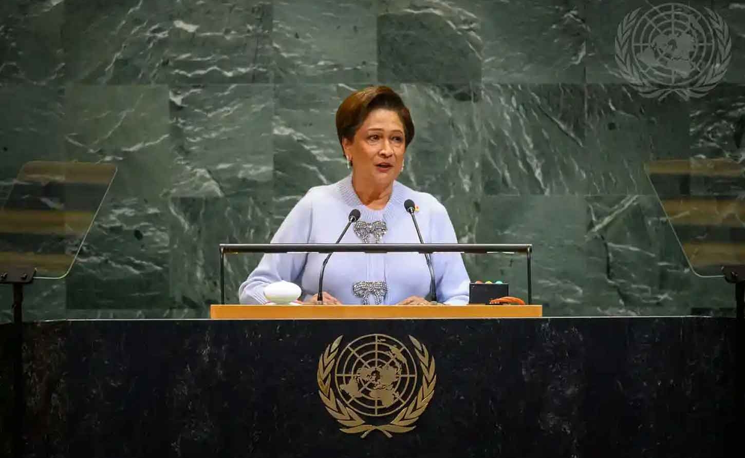 Kamla Persad-Bissessar, Prime Minister of the Republic of Trinidad and Tobago, addresses the general debate of the General Assembly’s 80th session on Sept. 26, 2025. UN Photo/Loey Felipe