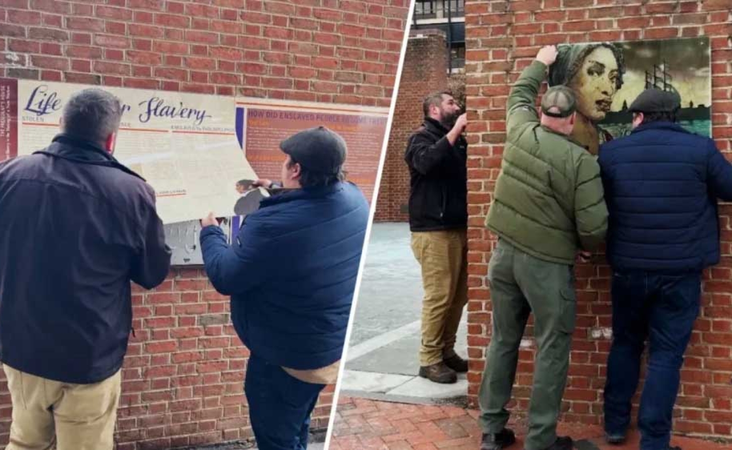 Workmen removing slavery exhibit at Philadelphia’s Independence National Historical Park