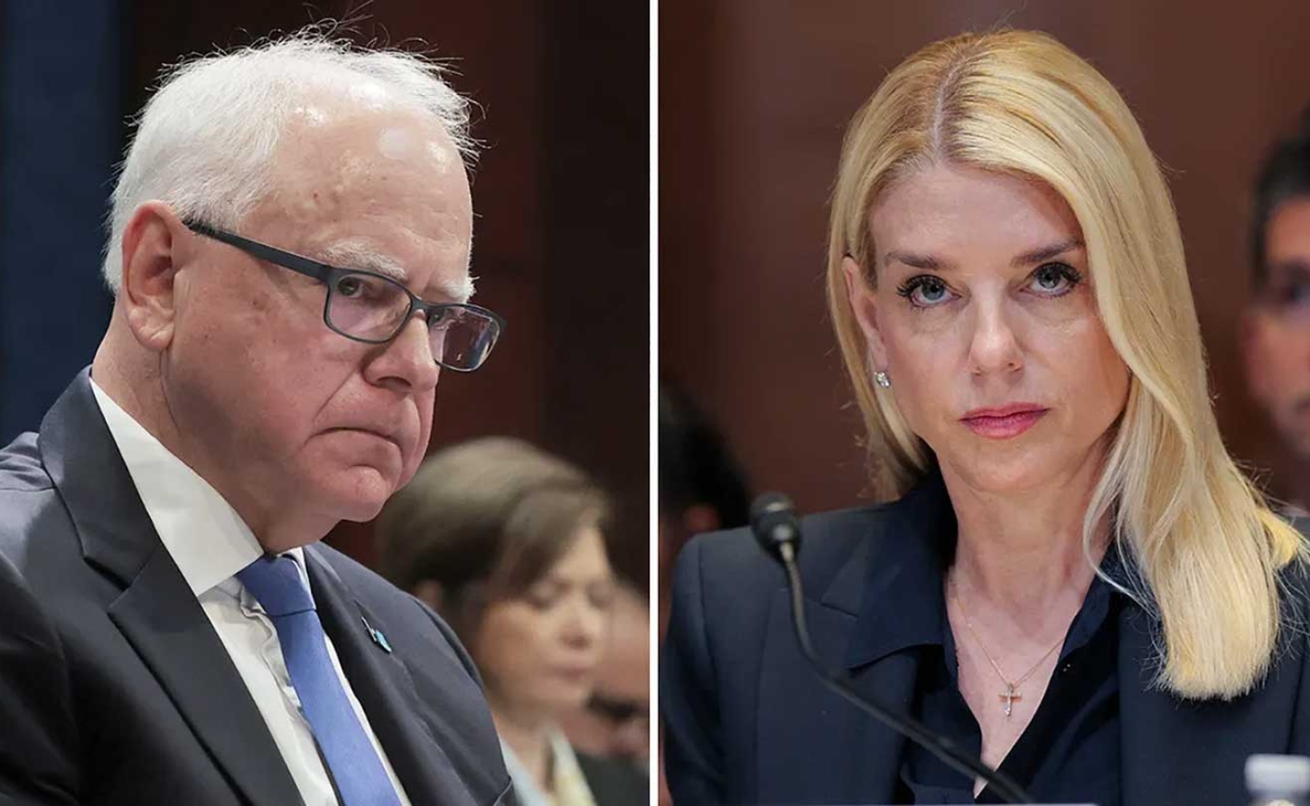 Minnesota Gov. Tim Walz, left, and Attorney General Pam Bondi. 