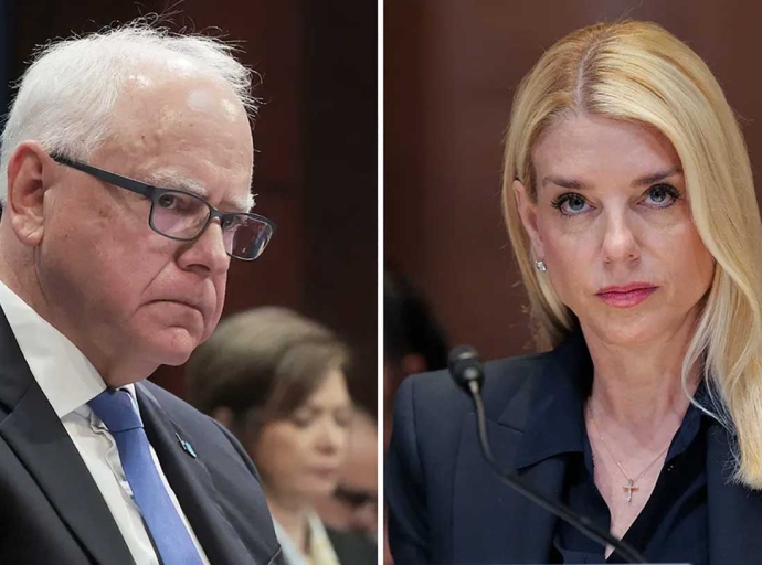 Minnesota Gov. Tim Walz, left, and Attorney General Pam Bondi. 