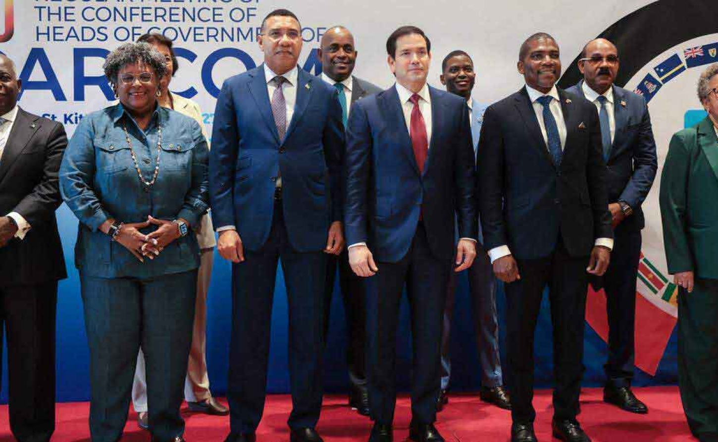 U.S. Secretary of State Marco Rubio participates in a group photo with Caribbean Community (CARICOM) heads of government in Basseterre, Saint Kitts and Nevis, on Wednesday, Feb. 25, 2026. JONATHAN ERNST POOL/AFP via Getty Images  