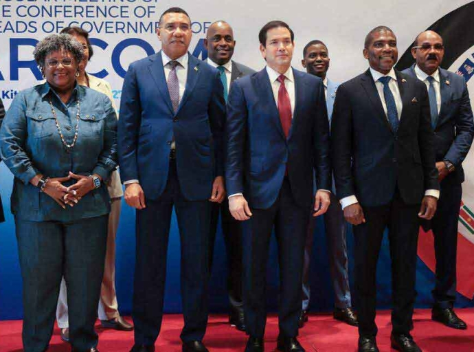 U.S. Secretary of State Marco Rubio participates in a group photo with Caribbean Community (CARICOM) heads of government in Basseterre, Saint Kitts and Nevis, on Wednesday, Feb. 25, 2026. JONATHAN ERNST POOL/AFP via Getty Images  