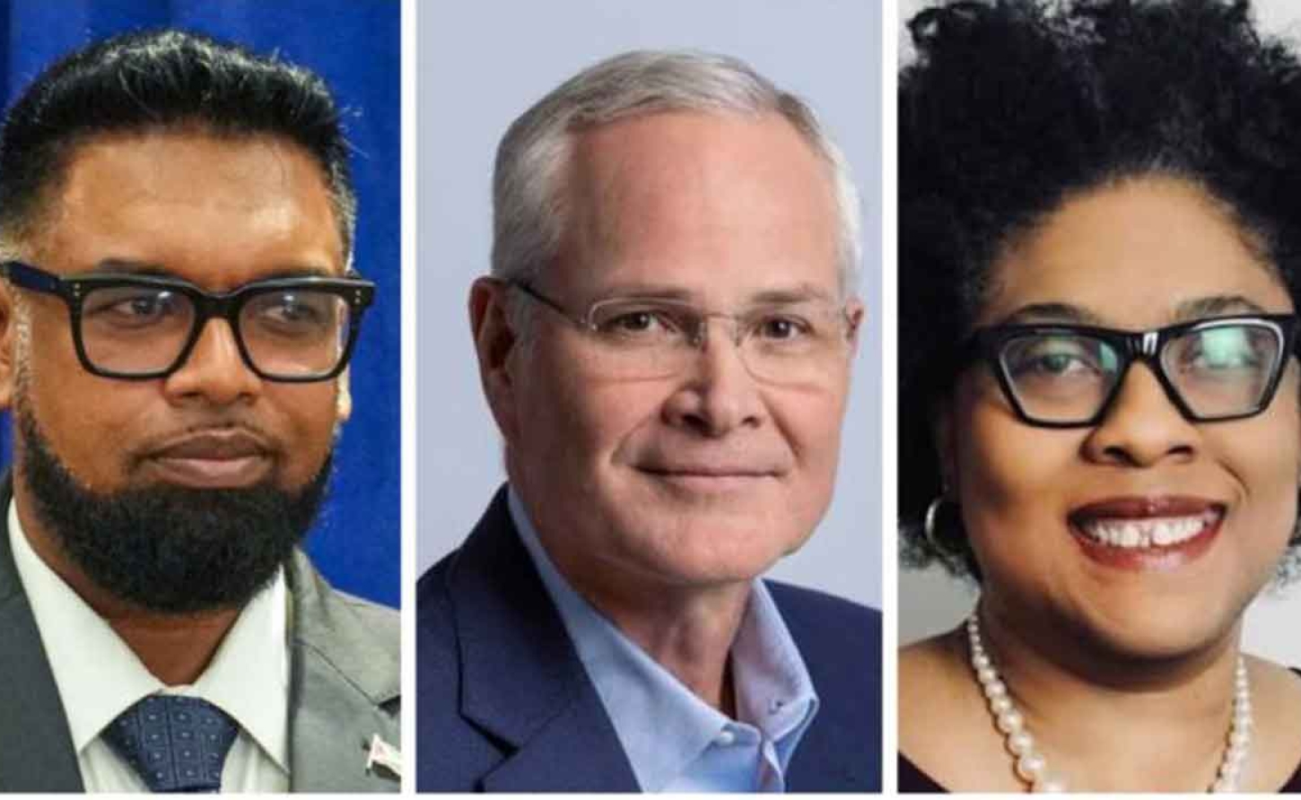 From left are  Guyana's president Irfaan Ali; ExxonMobile Executive Director Darren Wood and Founder and Executive Director of STEMGuyana, Karen Abrams.