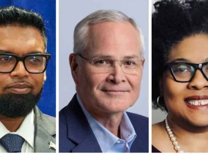 From left are  Guyana's president Irfaan Ali; ExxonMobile Executive Director Darren Wood and Founder and Executive Director of STEMGuyana, Karen Abrams.