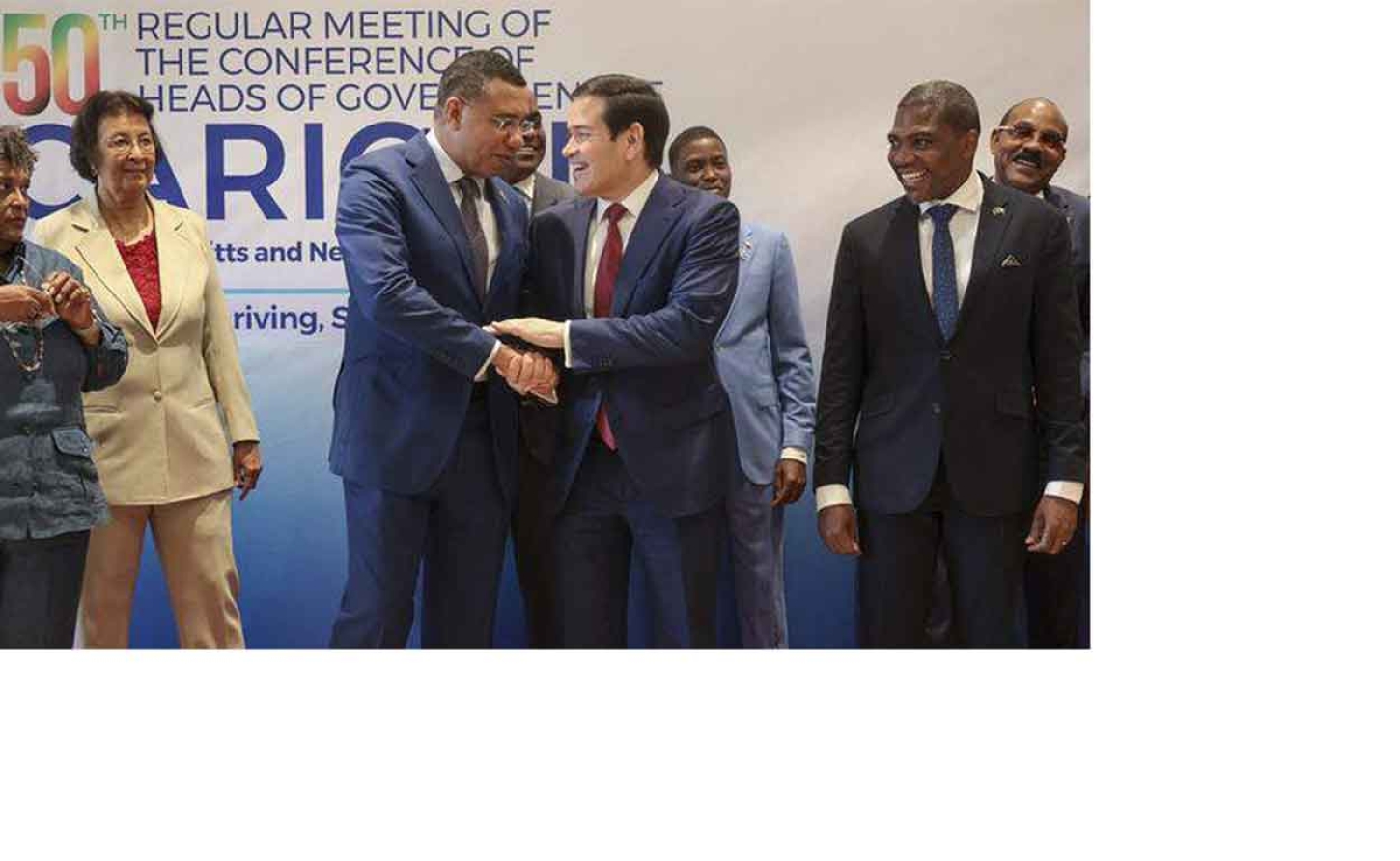 Prime Minister Dr. Andrew Holness greets US Secretary of State Marco Rubio at the recent CARICOM Summit in St. Kitts and Nevis