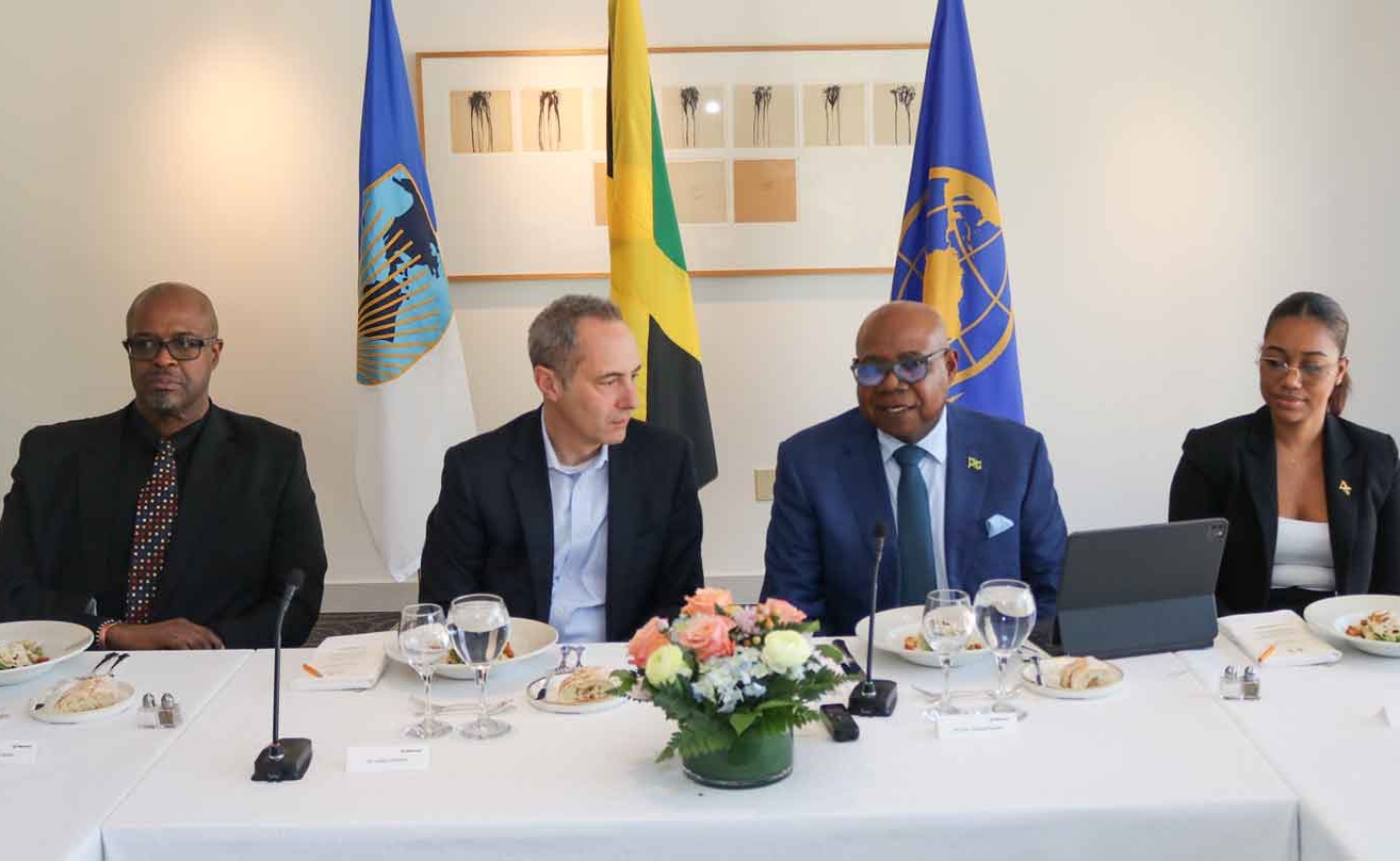 Tourism Minister  Edmund Bartlett address members of the board of the Inter-American Development Bank (IDB) at a luncheon hosted in his honour in Washington, D.C. April 7, 2026. From left are Professor Lloyd Waller, Executive Vice President of the IDB Jordan Schwartz and Ms Christina Edwards Director of tourism and International Trade relationship. | Derrick Scott Photo