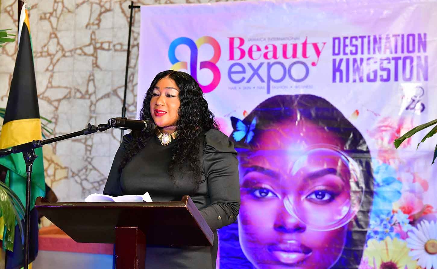 Dr. Onika Campbell-Rowe addresses the media launch of Jamaica International Beauty Expo at JAMPRO on Thursday evening.