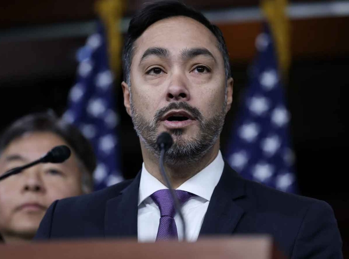 Rep. Joaquin Castro (D-TX) speaks during a press conference held by the members of the Congressional Hispanic Caucus to discuss the immigration executive orders enacted by the Trump administration in the U.S. Capitol on January 23, 2025 in Washington, DC. Photo by Kayla Bartkowski/Getty Images.