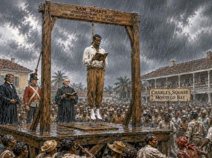 Created image of Sam Sharpe being hung in Charles Square on the 23rd of May 1832