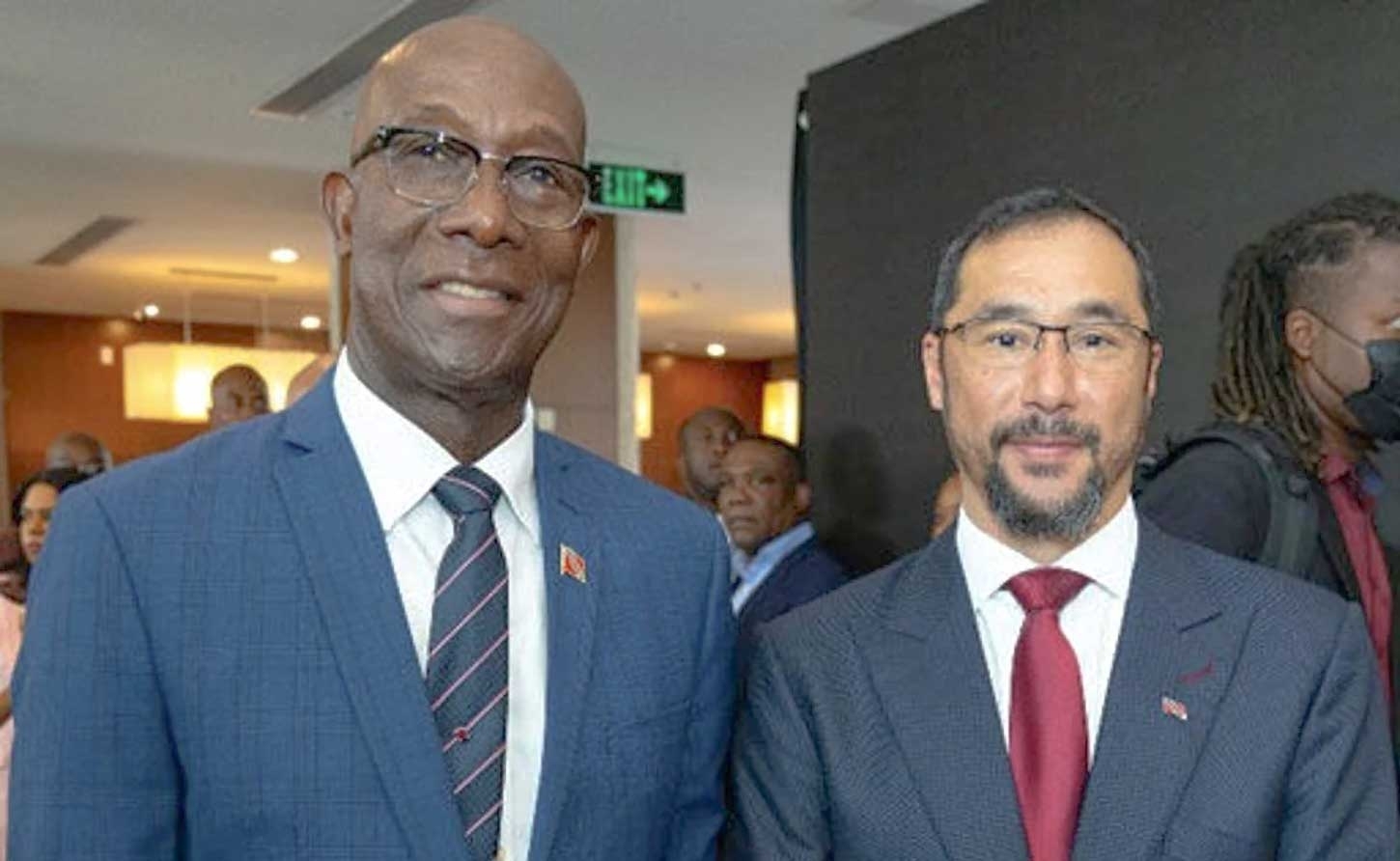 Fortmer Prime Minister Dr Keith Rowley, left, and former PM  Stuart Young at the Guyana Energy Conference and Supply Chain Expo 2024 in Georgetown, Guyana.