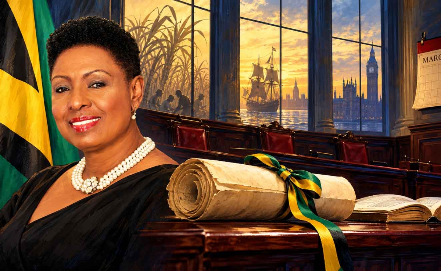 Culture Minister Olivia Grange beside an Illustration of a rolled petition tied with a black, green and gold ribbon on a courtroom bench, with a London skyline and a sailing ship in the windows