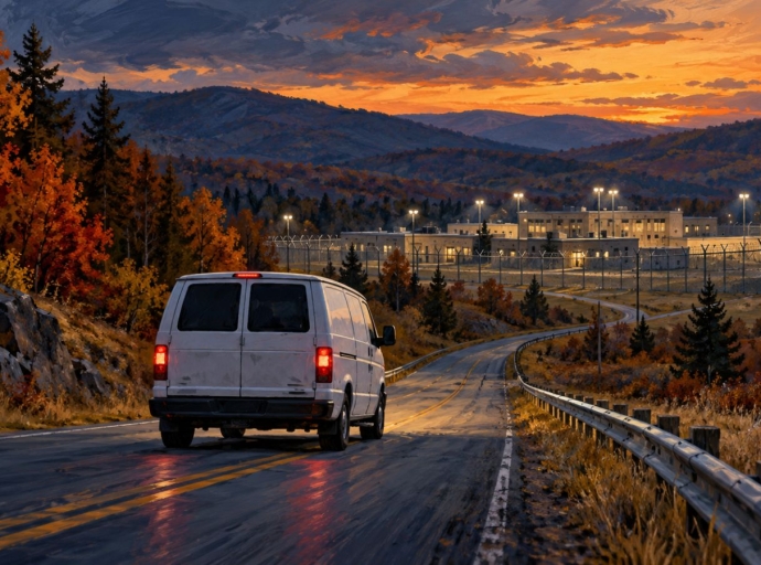 Illustration of a white van on an autumn road at dusk heading toward a fenced low-security prison