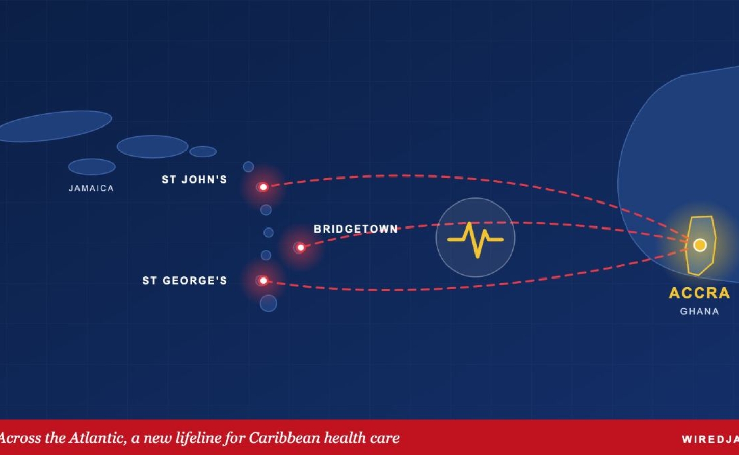 Map graphic showing flight paths from Accra, Ghana, to St John’s, Bridgetown and St George’s in the Caribbean