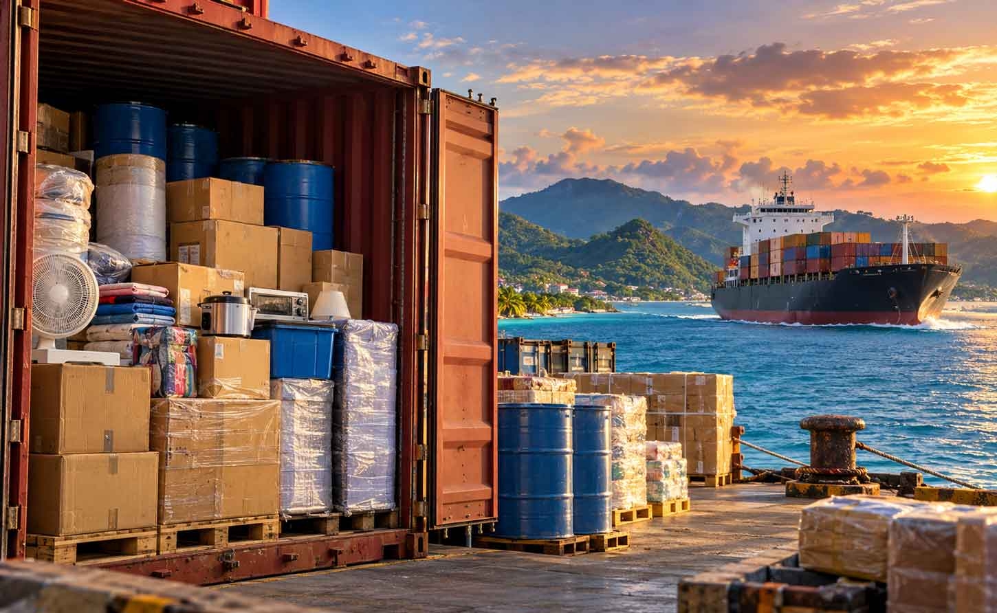 Illustration: assault rifles hidden among household goods in a shipping container on a dock, with a cargo ship heading toward Caribbean islands