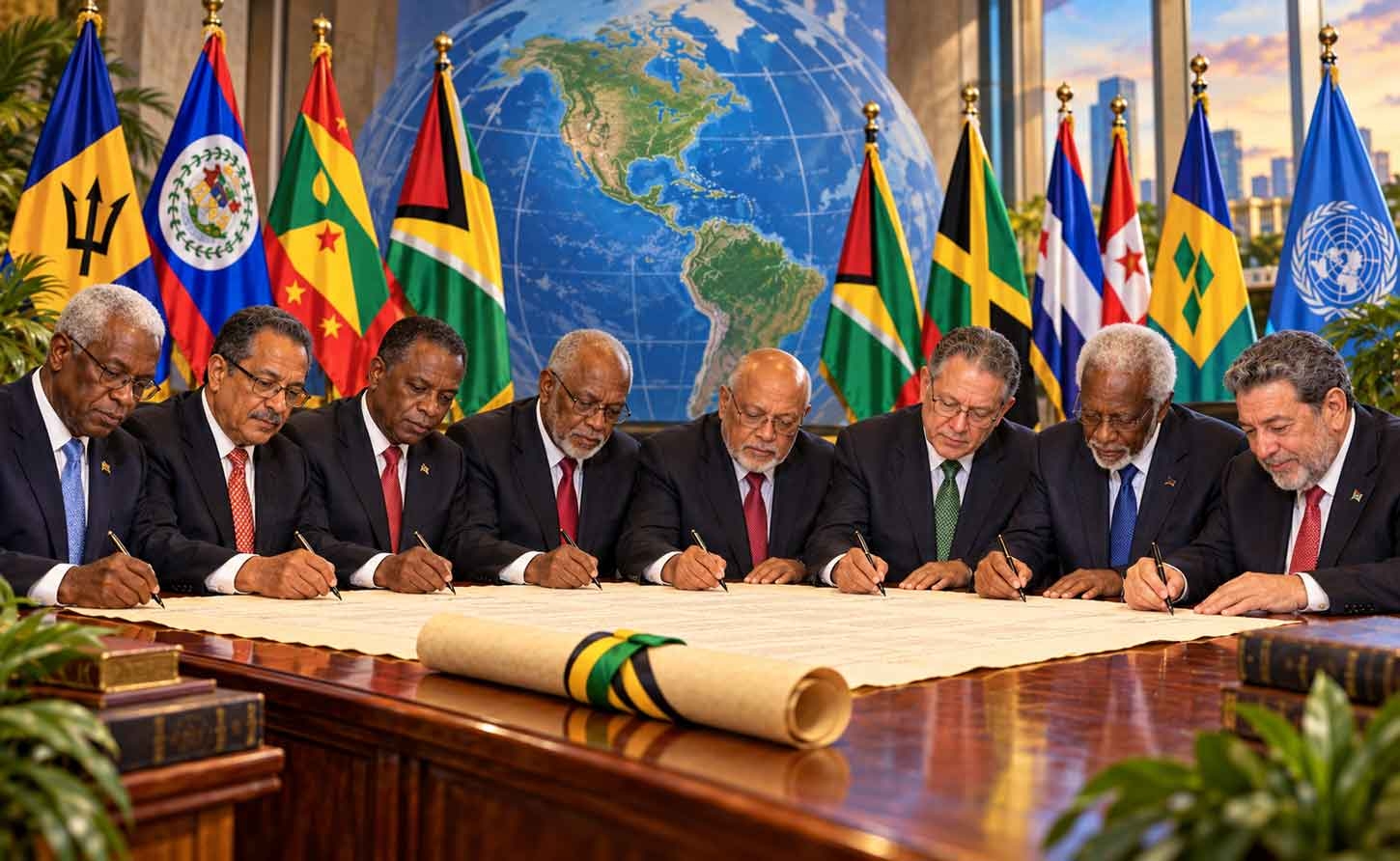 Illustration of former heads of government of the Caribbean Community signing a petition to Heads of Government of the United Nations in. support of Cuba.
