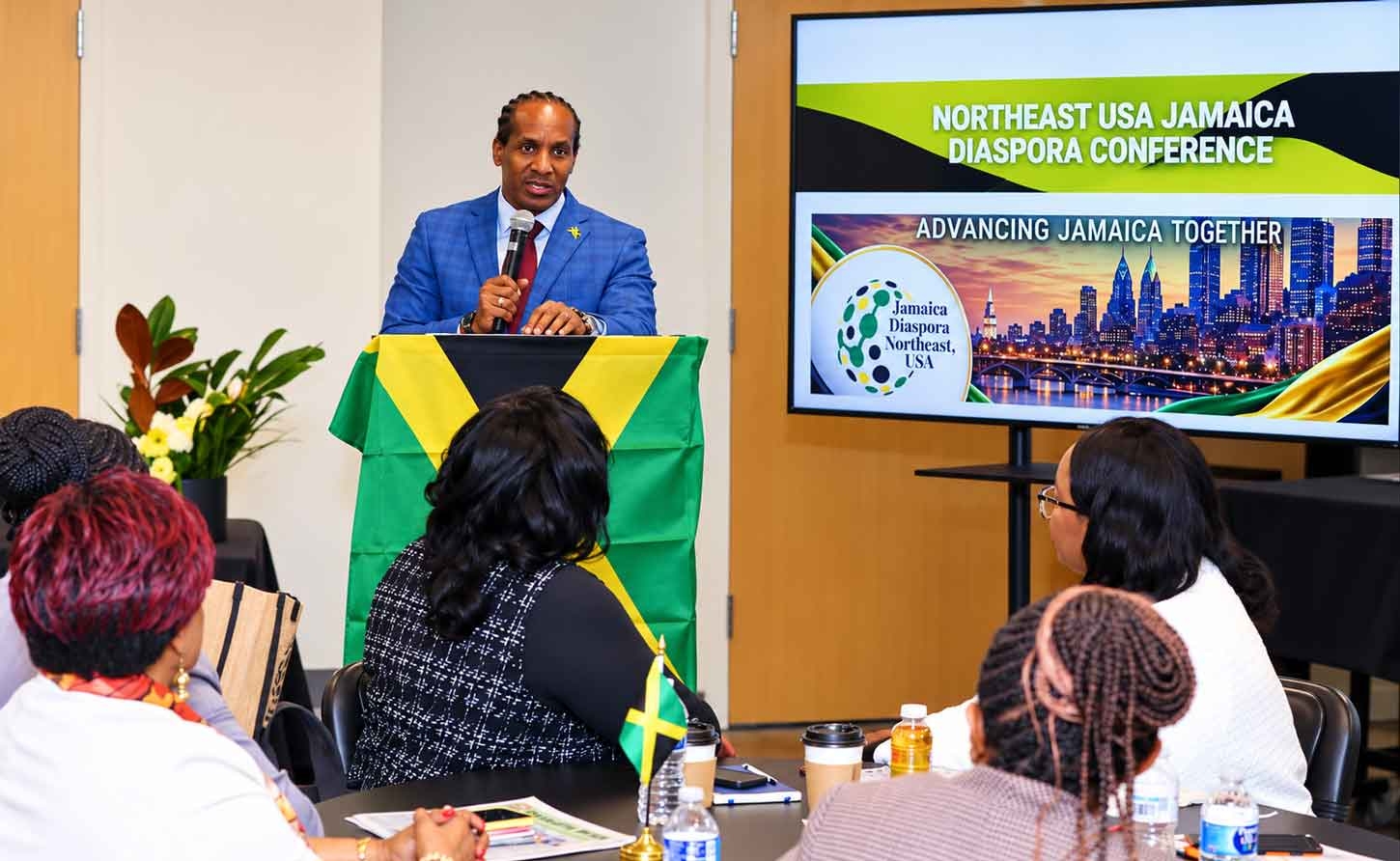  Minister of State in the Ministry of Foreign Affairs and Foreign Trade, with responsibility for diaspora affairs, Hon. Alando N. Terrelonge, delivers the keynote address at the opening of the second Jamaica Diaspora Northeast USA Conference at Temple University in Philadelphia, Pennsylvania, on Friday, October 23, 2026. Photo by Derrick Scott.