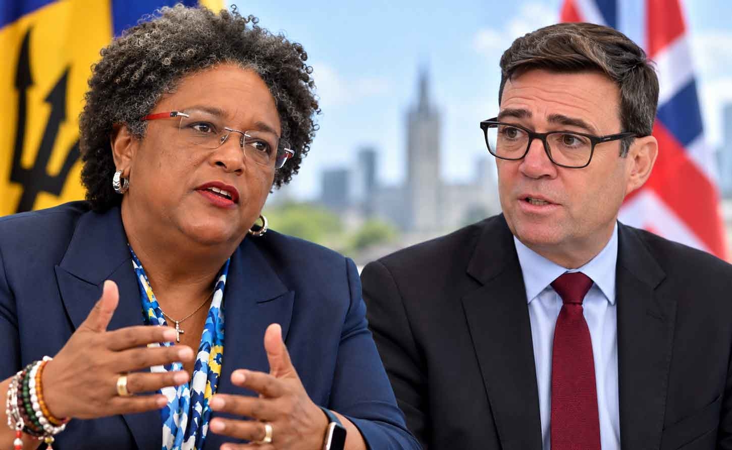 AI-generated editorial illustration, not a photograph of an actual meeting of Barbados Prime Minister Mia Mottley and UK Prime Minister Andy Burnham.