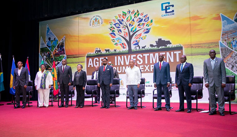 At the opening of the event at the National Cultural Centre in Georgetown, Guyana, are from left, Prime Minister of Antigua and Barbuda, the Hon. Gaston Browne, Prime Minister of Barbados, the Hon. Mia Mottley, Prime Minister of Dominica, the Hon. Roosevelt Skerrit, CARICOM Secretary-General, Dr. Carla Barnett, President of Guyana, H.E. Dr. Mohamed Irfaan Ali, Prime Minister of Belize and Chair of CARICOM, the Hon. John Briceno, Prime Minister of Trinidad and Tobago, Dr. the Hon. Keith Rowley; Deputy Prime Minister of The Bahamas, the Hon. Isaac Chester Cooper; Premier of Montserrat, the Hon Joseph Farrell