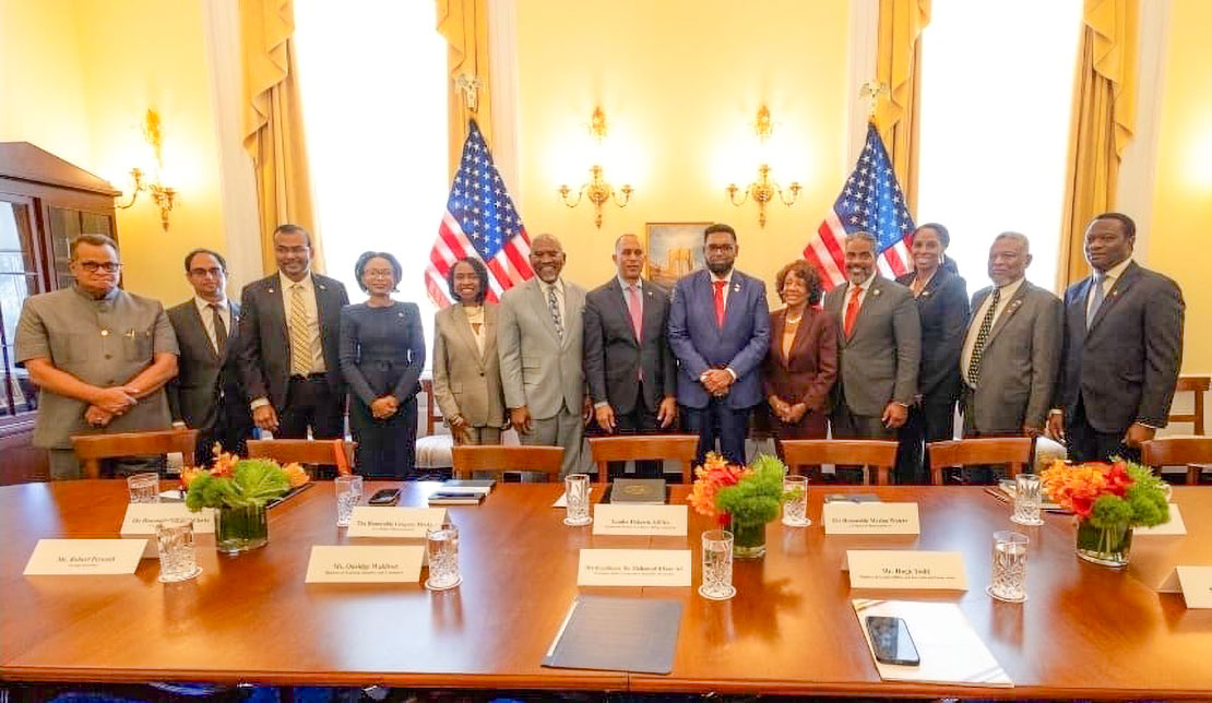 Democratic House Leader Hakeem Jeffries was accompanied  to his meeting with the Guyana President by Chairman of the Congressional Black Caucus, Congressman Steven Horsford of Nevada, First Vice Chairman of the Congressional Black Caucus, Congresswoman, Yvette Clarke of New York, Congresswoman Maxine Waters of California and  Congresswoman Stacey Plaskett of the Virgin Islands.