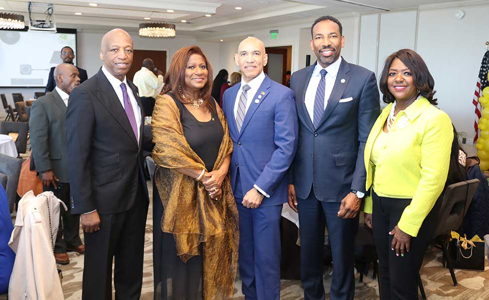 Jamaica’s Ambassador to the United States, Major General (Ret’d) Antony Anderson (centre), shares a light moment with (from left) Georgia State Representative Billy Mitchell, Jamaica’s Honorary Consul in Atlanta Dr Elaine Grant Bryan, Atlanta Mayor Andre Dickens, and Georgia State Senator Tonya Anderson at the Elaine Bryan Foundation Inspirational Luncheon at the Buckhead Club in Atlanta on Sunday, May 3, 2026.