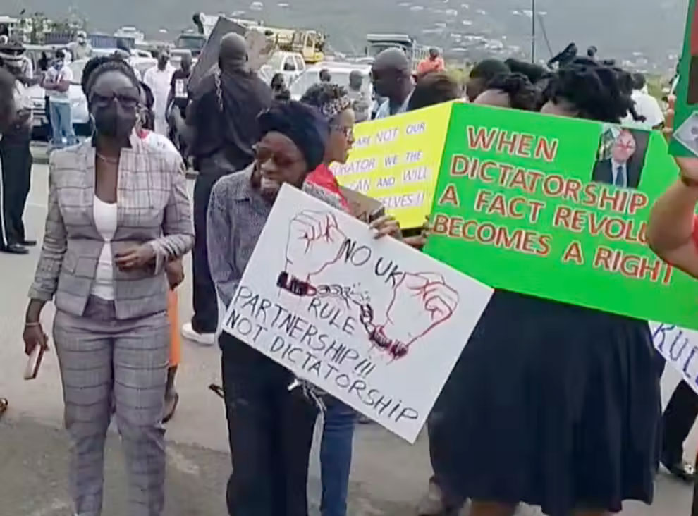 BVI demonstrators opposing plans to rule the islands from London after arrest of elected leader likened to “colonialism”. | (JTV 55 channel)