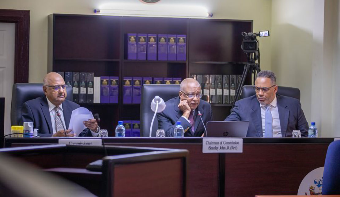 Chairman of the Commission, Ret’d Justice of Appeal, Stanley John alongside Former AG, High Court Judge and Justice of Appeal (ag) in the Eastern Caribbean, Godfrey Smith SC, and Former Chancellor (ag), Carl Singh