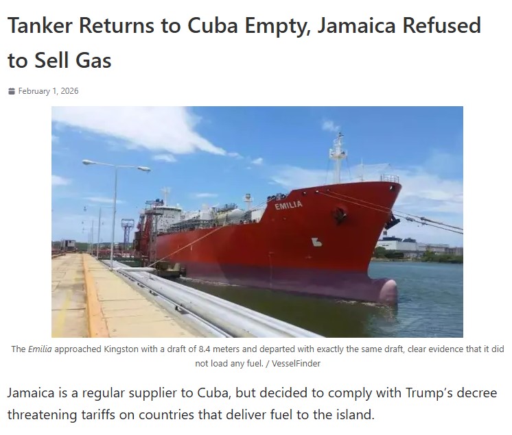 Emilio tanker returned to Cuba from Jamaica empty.