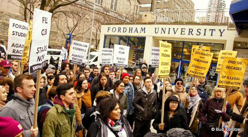 Students protest against Fordham University’s decision to block Students for Justice in Palestine from registering as an on-campus student group. (Photo: Bud Korotzer)