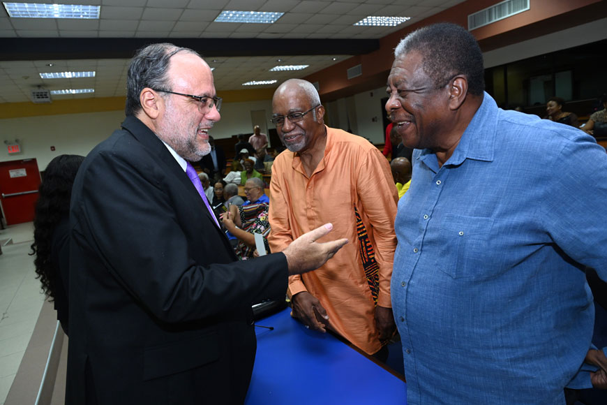 Opposition Leader Mark Golding in conversation with Sir Dennis Byron, former president of the Caribbean Court of Justice and  Patrick Lipton Robinson, former judge of the International Court of Justice, during the launch of the book, The Roadblock: Jamaica’s Resistance to the Caribbean Court of Justice, at the Faculty of Law, University of the West Indies, Mona. 