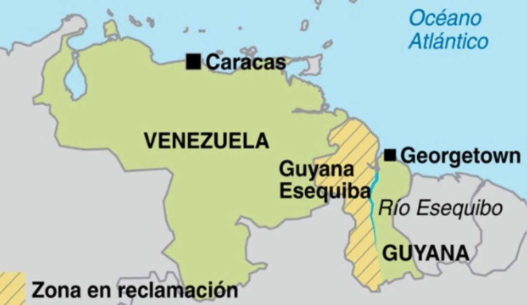 Map of Venezuela and Guyana, with the disputed area in yellow