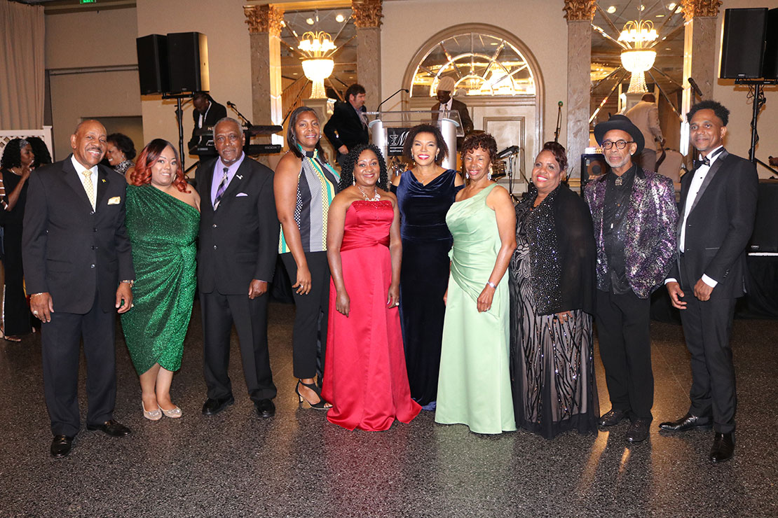 Jamaica’s Ambassador to the United States, Her Excellency Audrey Marks center shares the spotlight with members of the Jamaioca Association of Maryland Independence Gala committee at the association Gala at Martin’s West, on Saturday 19thAugust 2023.  (Derrick Scott Photo).