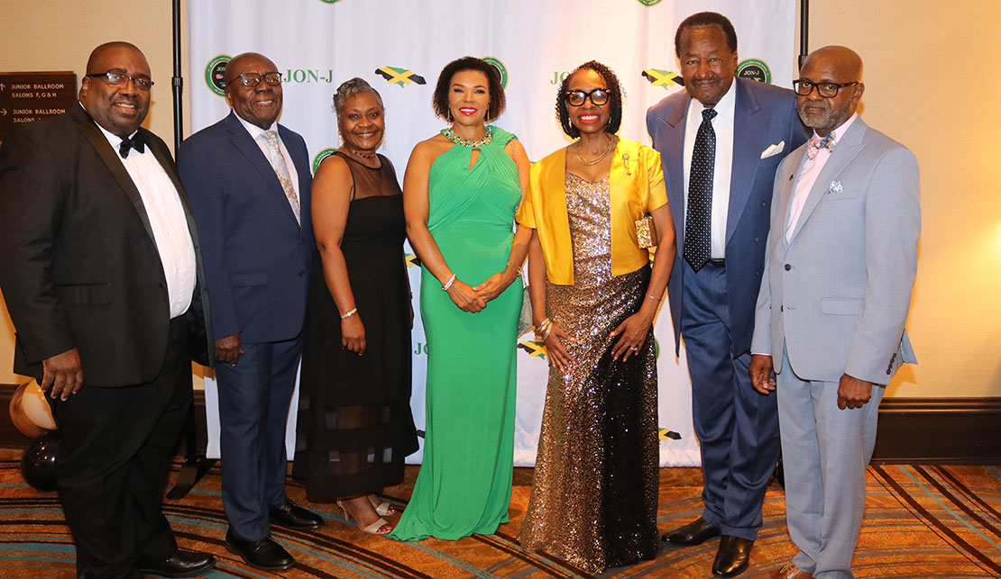 Jamaica’s Ambassador to the United States Her Excellency Audrey Marks (Center) with fellow awardees. From left are Dr Robert Clarke, Oliver Samuels, Debra Sims, Congresswoman Yvette Clarke, Cecile Wright and Irwine Clare. They were awarded by the Jamaican Organization of New Jersey (JON-J) at the organization’s 25th anniversary gala and Jamaica’s 61st anniversary celebrations at the Newark Airport Marriott Hotel in New Jersey on Saturday August 26, 2023 | Derrick Scott Photo