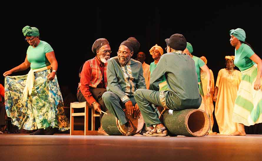 Kumina drumming and Ritual (L-R):  Jenese ‘Meme’ Lewis, Steve Golding playing catta-tick, and lead drummer Gabu Wedderburn with other members.