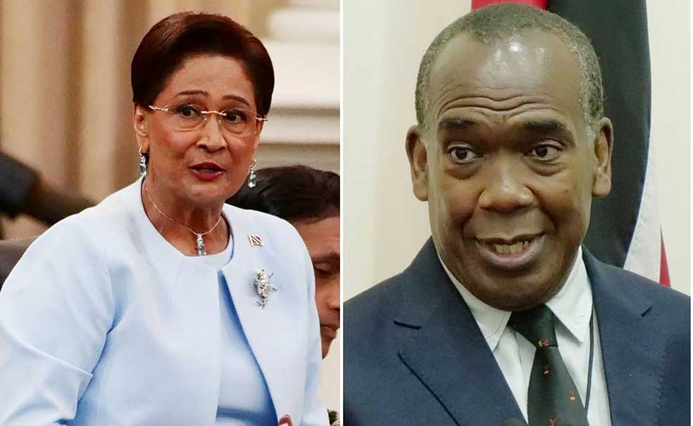 At Left, Prime Minister Kamla Persad Bissessar while at right is Attorney General John Jeremie referenced by Rowley over his “shocking” speech in Parliament where he allegedly threatened Opposition members.